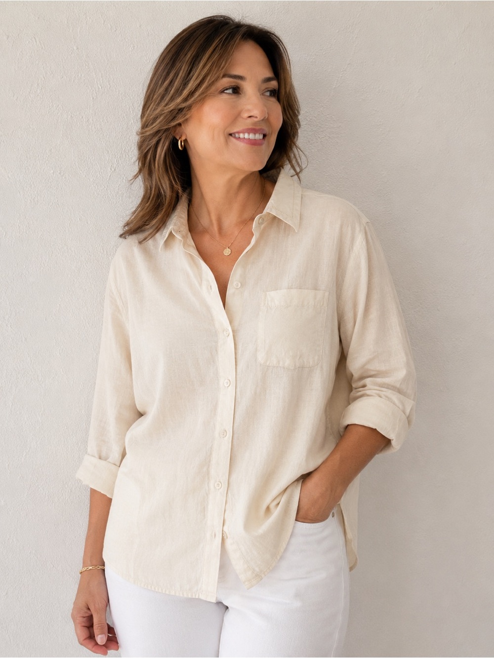 Valerie Stevens 100% linen Cream Button-Down Shirt 12